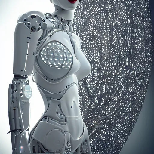 Prompt: beautiful centered Fine art photo portrait of beautiful woman as a solarpunk persian arab robotic humanoid, white mechanical parts with led lights, photorealistic, white background, highly detailed and intricate, sunset lighting, HDR 8k