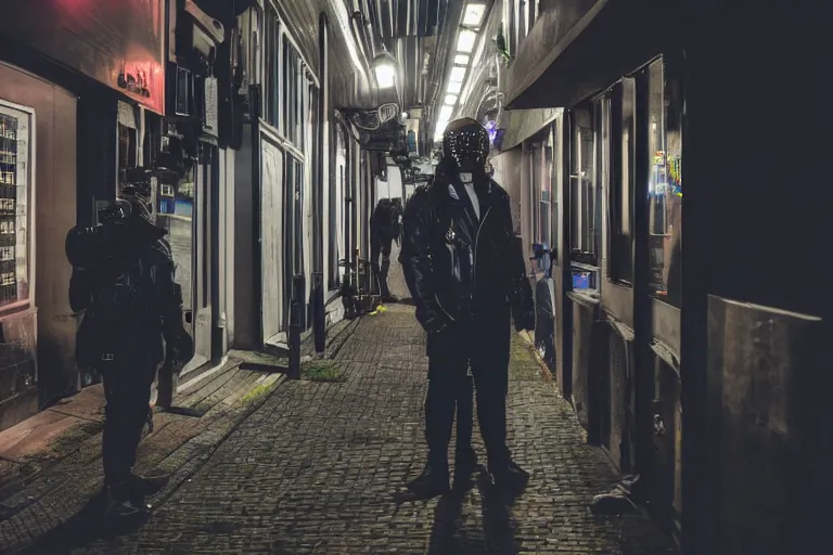 Image similar to photography of a cypherpunk arrested in amsterdam at night