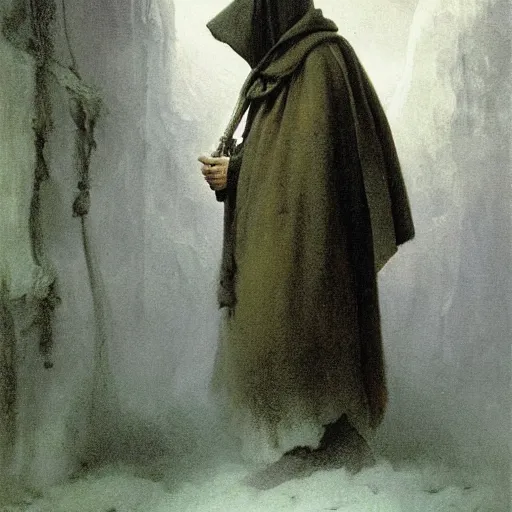 Image similar to portrait of a small pale cowardly man wearing dark hood, fantasy artwork, frightened look, high fantasy, by karl spitzweg