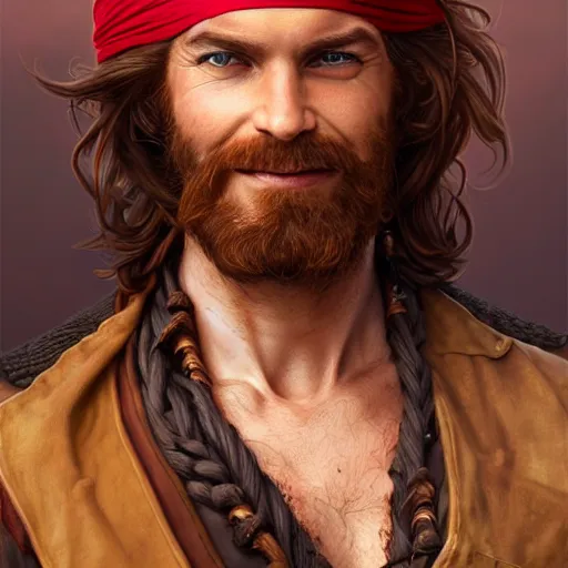 Prompt: portrait of a young ruggedly handsome but cantankerous pirate, male, masculine, upper body, red hair, long hair, d & d, fantasy, giddy smirk, intricate, elegant, highly detailed, digital painting, artstation, concept art, matte, sharp focus, illustration, art by artgerm and greg rutkowski and alphonse mucha