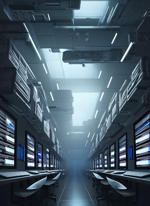 Image similar to computers, wired in, in a highly detailed server room with computers everywhere, cinematic view, epic sky, detailed, concept art, low angle, high detail, warm lighting, volumetric, godrays, vivid, beautiful, trending on artstation, by jordan grimmer, huge scene, art greg rutkowski