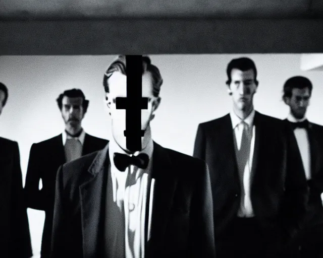 Image similar to 1 3 mm film, liminal, unsettling, group of tall men in suits, thunderstorm