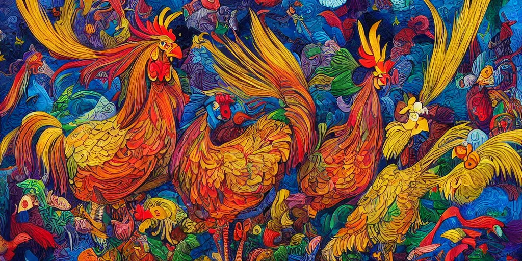 Prompt: colorful illustration of a trillion fighting roosters, mix of styles, collage of styles, abstract, surreal, intricate, highly detailed, dark color scheme, golden ratio, cubism, pointillism