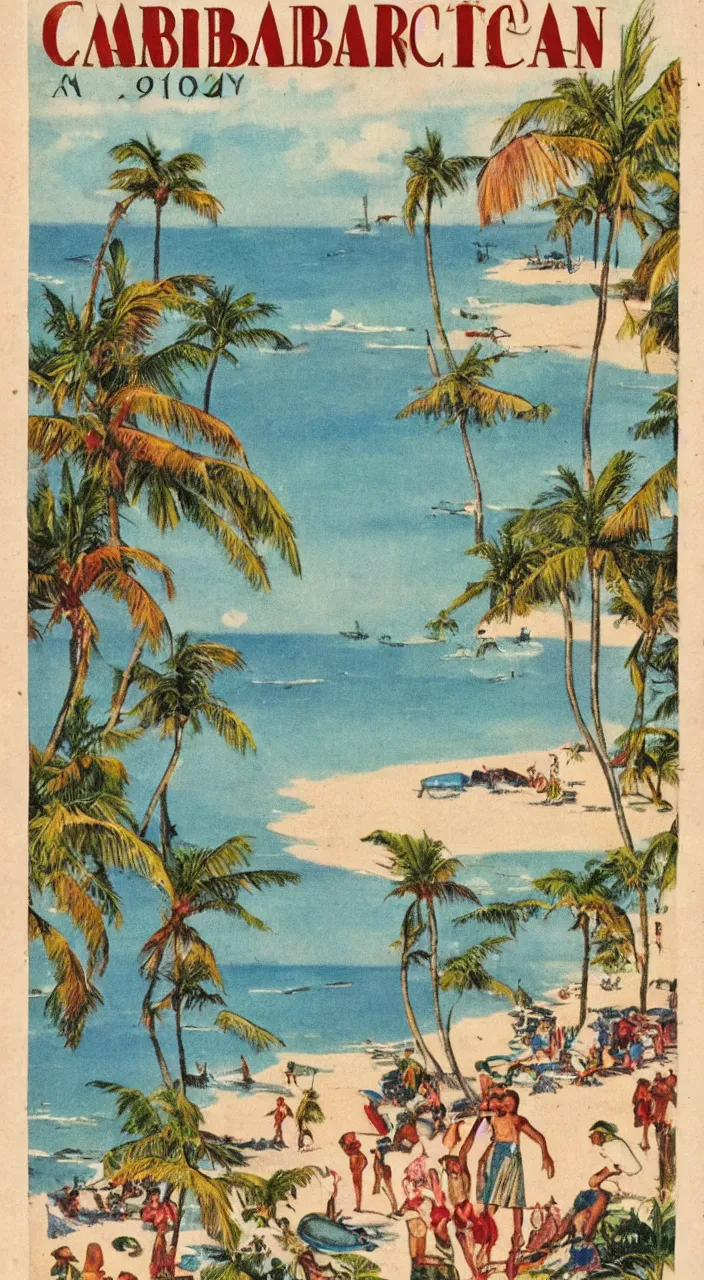 Image similar to a 1920s vacation pamphlet about a Caribbean beach,
