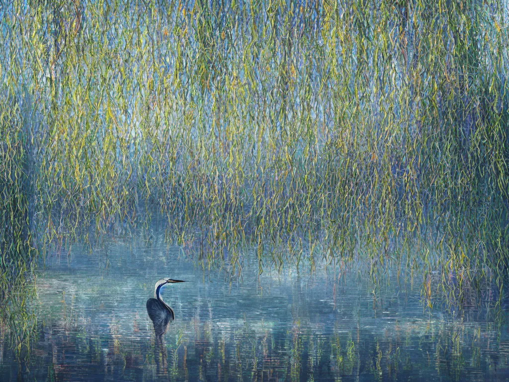 Image similar to a beautiful painting of blue heron in shallow river with waterfalls in distance, lake surrounded by beautiful willow and cherry blosom trees, lily pads, bullrushes, marsh, puffy clouds, morning dawn, intricate, highly detailed digital art, sylized, featured on artstation, by Artgerm and Mikko Lagerstedt