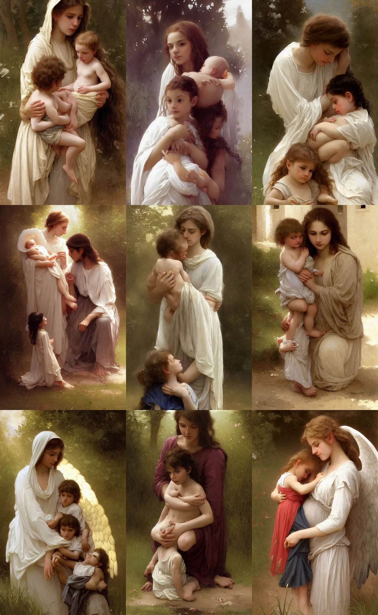 Prompt: angelic and beautiful young woman sheltering a child, innocent, maternal, protective, highly detailed, concept art, intricate, sharp focus, concept art, artstation, stefan kostic and bouguereau