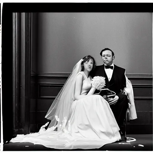 Image similar to cadmus and harmony get married with a small intimate audience at marylebone town hall and david bailey takes the photos, black and white, ilford ilfocolour 400, tlr rolleiflex T, octane render, 4k, realistic
