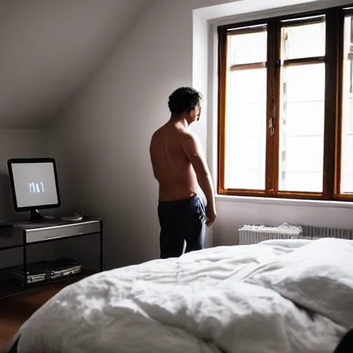 Image similar to a man, alone in his bedroom, staring at his imac