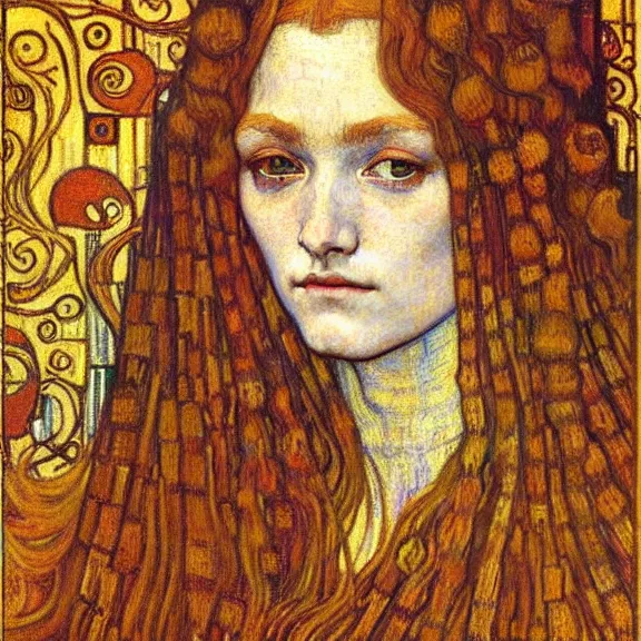 Image similar to detailed realistic beautiful young medieval queen face portrait by jean delville, gustav klimt and vincent van gogh, art nouveau, symbolist, visionary, gothic, pre - raphaelite, muted earthy colors, desaturated