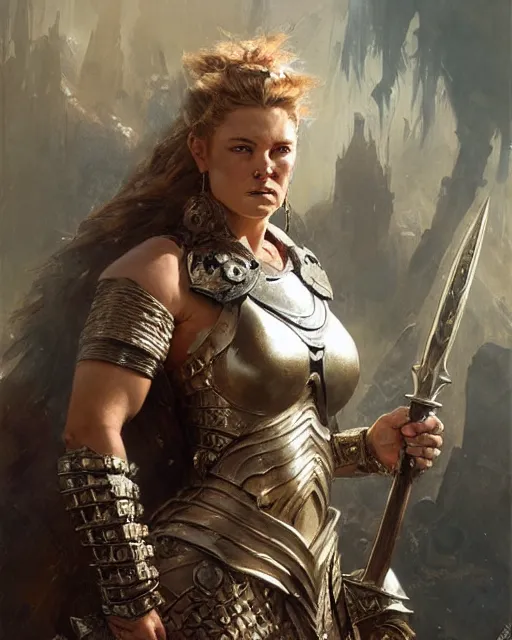 Prompt: a fierce and muscular warrior princess in full armor, fantasy character portrait by greg rutkowski, gaston bussiere, craig mullins, simon bisley