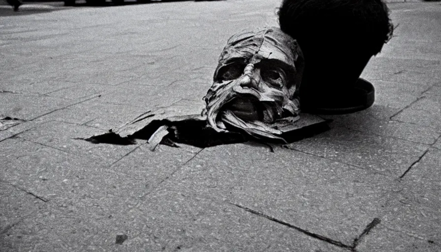 Image similar to 1 9 7 0 s movie still of the cutted head of robespierre on the pavement, cinestill 8 0 0 t 3 5 mm, high quality, heavy grain, high detail, cinematic composition, dramatic light, anamorphic, ultra wide lens, hyperrealistic