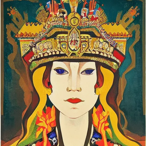Image similar to a polish poster art representing a portrait of a queen on a carved stone throne by nicholas roerich, by gustave moreau, by james hawe, by yoshitaka amano, by georgia o keeffe, oil painting