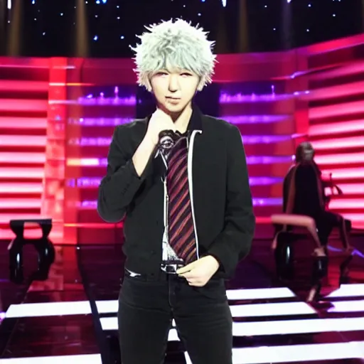 Prompt: nagito komaeda on the american talent competition tv show the voice