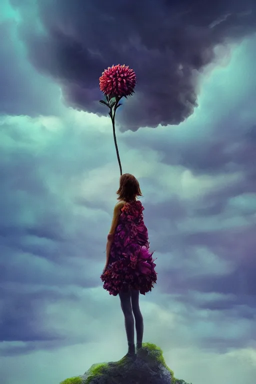 Image similar to closeup girl with giant dahlia flower as head, standing on mountain, surreal photography, blue storm clouds, dramatic light, impressionist painting, digital painting, artstation, simon stalenhag