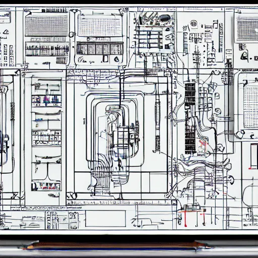 Image similar to highly detailed, datacenter construction electrical schematic, one line drawing, concept art, character art, studio lightning, bright colors, intricate, masterpiece, photorealistic, hyperrealistic, sharp focus, high contrast, artstation hq, deviantart trending, 4 k uhd, unreal engine 5