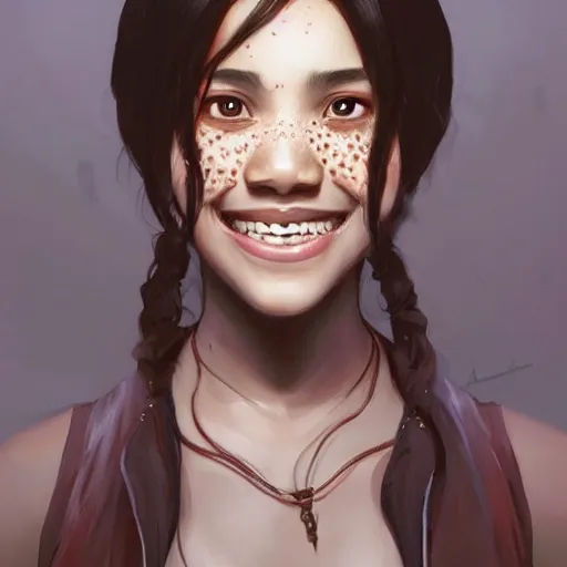 Image similar to demonic evil cute fourteen year old brown skinned asian girl, tomboy, evil smile, freckles!!!, fully clothed, highly detailed, digital painting, artstation, concept art, sharp focus, illustration, cinematic lighting, art by artgerm and greg rutkowski and alphonse mucha,