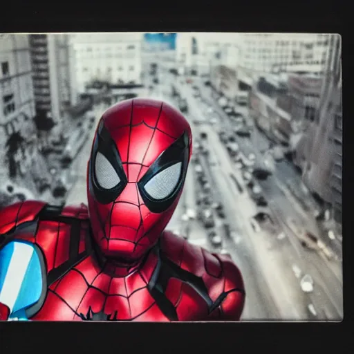 Image similar to a single iron man and spider - man hybrid, dslr, polaroid