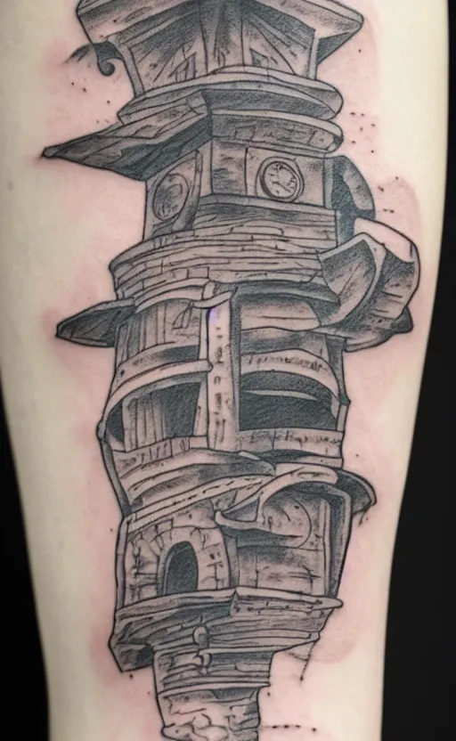 Image similar to an old man wearing a hat on top of a tower, ultra detailed, tattoo, 8 k