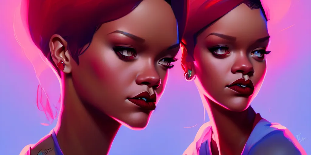 Image similar to low angle portrait of Rihanna, tepainting concept Blizzard pixar maya engine on stylized background splash comics global illumination lighting artstation lois van baarle, ilya kuvshinov, rossdraws
