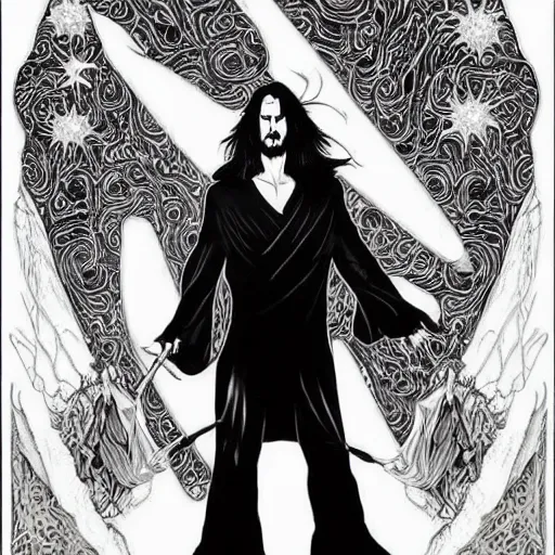 Image similar to black and white pen and ink!!!!!!! young handsome Keanu Reeves wearing cosmic space robes made of stars final form flowing royal hair golden!!!! Vagabond!!!!!!!! floating magic swordsman!!!! glides through a beautiful!!!!!!! liquid magic floral crystal battlefield dramatic esoteric!!!!!! Long hair flowing dancing illustrated in high detail!!!!!!!! by Moebius and Hiroya Oku!!!!!!!!! graphic novel published on 2049 award winning!!!! full body portrait!!!!! action exposition manga panel black and white Shonen Jump issue by David Lynch eraserhead and beautiful line art Hirohiko Araki!! Rossetti, Millais, Mucha, Jojo's Bizzare Adventure