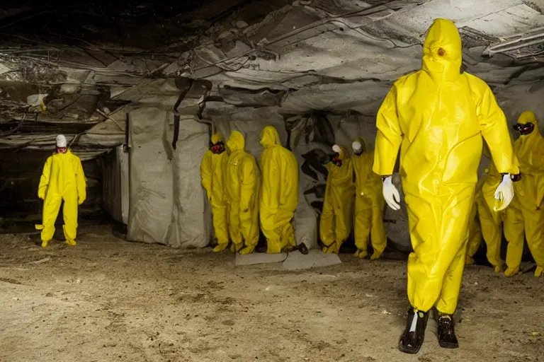 Image similar to a lone. man in a yellow hazmat suit looks on helplessly as a huge alien meat monster grows out of control in a creepy underground science lab