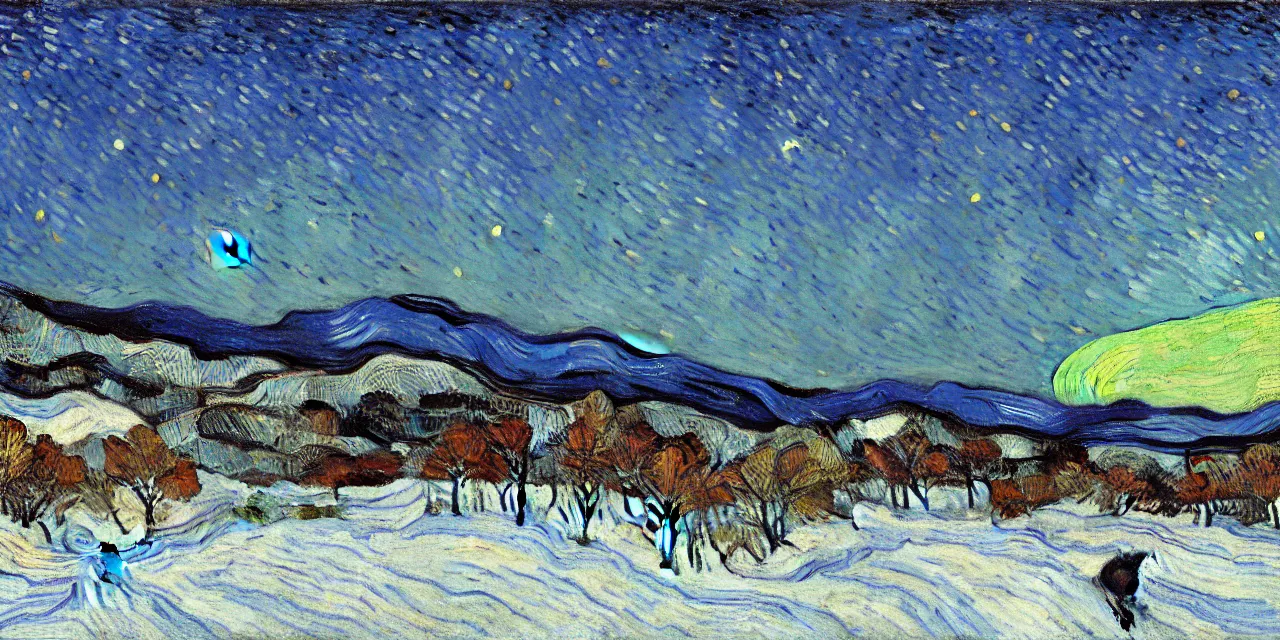 Image similar to painting of the laurentian appalachian mountains in winter by vincent van gogh, unique, original and creative landscape, snowy night, distant town lights, aurora borealis, deers and ravens, footsteps in the snow, brilliant composition