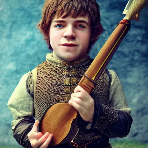 Prompt: realistic portrait of a halfling male, happy, bard, short hair, lute, intricate details, cinematic, photo, fantasy, medieval