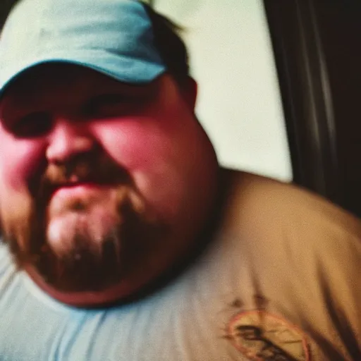 Prompt: close up portrait of fat redneck man in dirty clothes, award winning, kodak gold 2 0 0, ring doorbell camera,