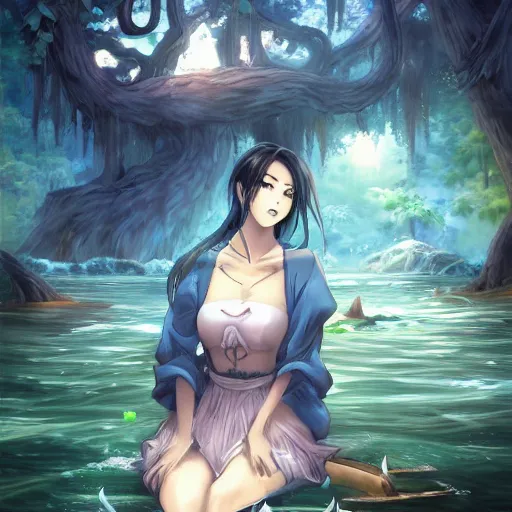 Prompt: a person sitting in a body of water, a character portrait by kano sansetsu, pixiv contest winner, fantasy art, official art, anime aesthetic, tarot card