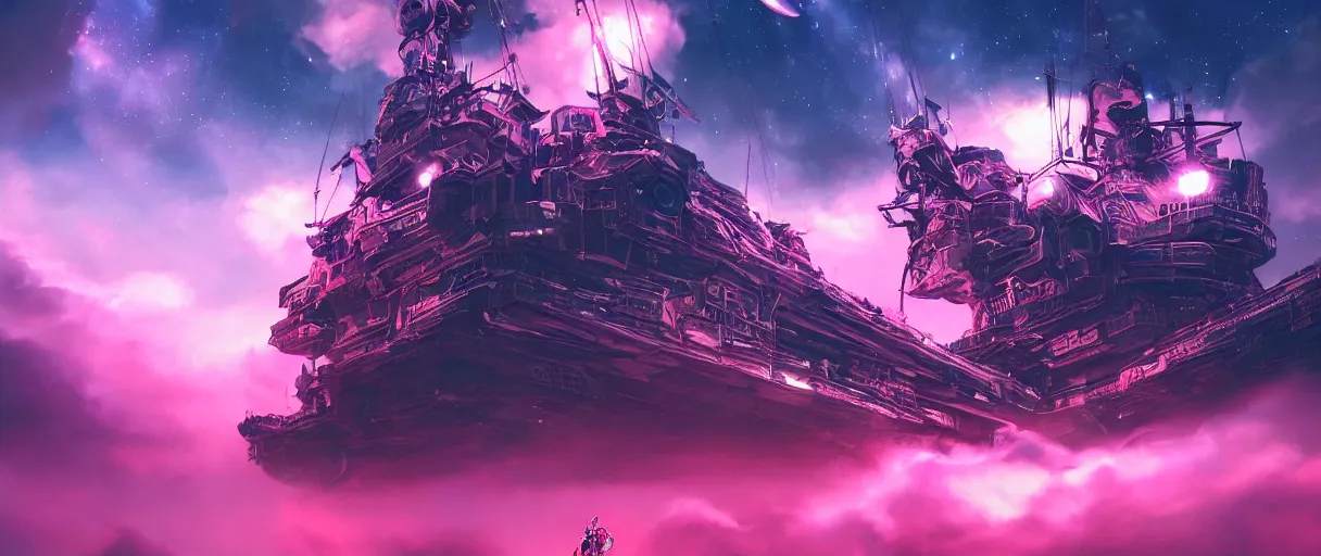 Image similar to space, mohawk, portrait big dark punk, hyperdetailed illustration, stars, pink, neon, oil painting, rich deep colors masterpiece, pirate neon ship, ultra detailed, contrast, heaven pink, clouds, volumetric light, atmospheric lighting, dramatic, cinematic, moody, octane render 4 k, 8 k