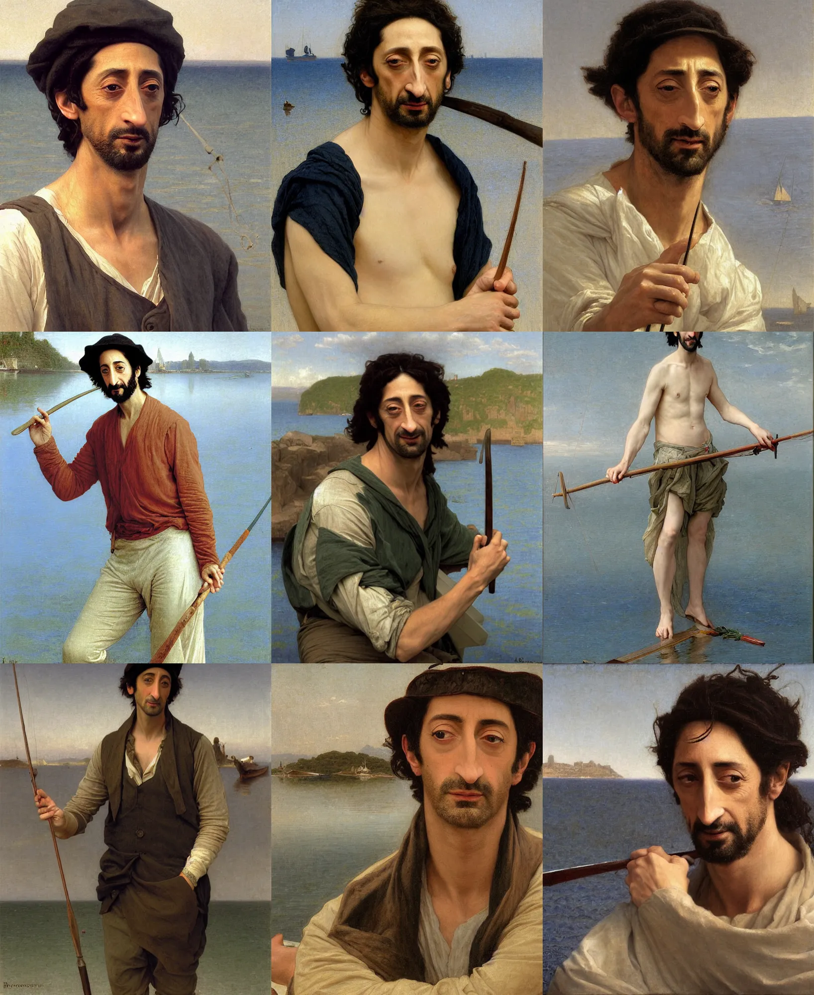 Prompt: painting of adrien brody as a fisherman on a small boat by bouguereau