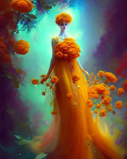 Image similar to Full View Portrait Mystical ethereal marigold deity wearing beautiful dress, marigold Dryad, 4k digital masterpiece by Anna dittman and Ruan Jia and Alberto Seveso, fantasycore, Hyperdetailed, realistic oil on linen, soft lighting, marigold background, featured on Artstation