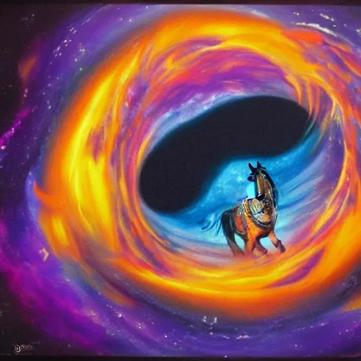 Image similar to psychedelic portrait painting of a horse emerging from a black hole in space