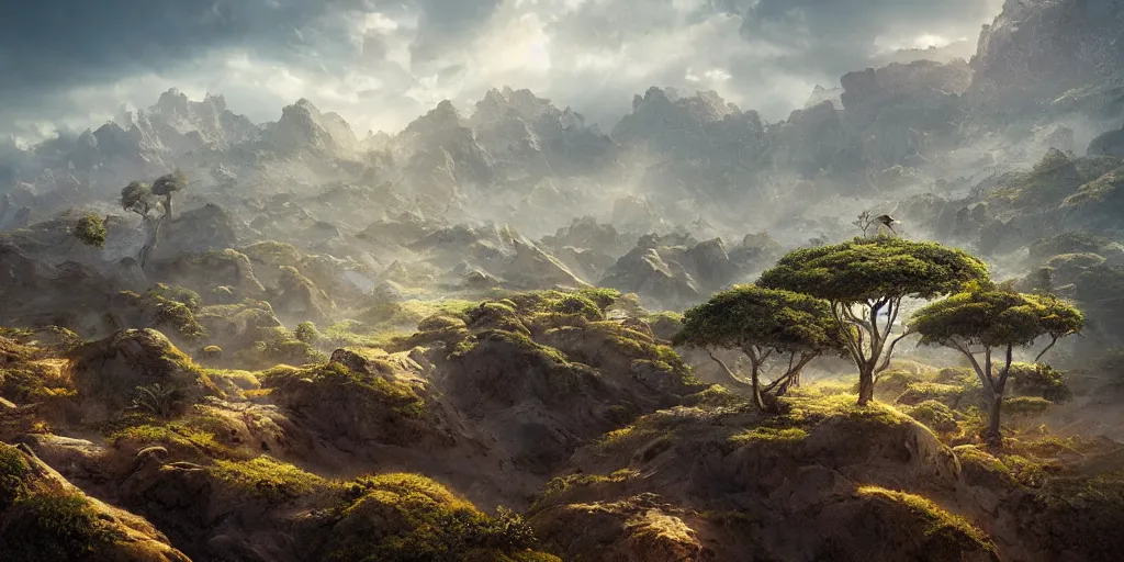 Image similar to Lively landscape of a socotra island filled with socotra dragon trees realistic detailed digital art by Maxwell Boas Jessica Rossier Christian Dimi