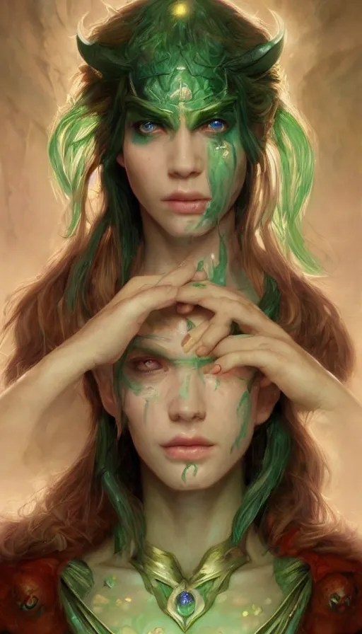 Prompt: epic masterpiece portrait alice in dungeons and dragons, sweaty skin, hyperrealistic, octane render, cinematic, beautiful face and flawless skin, perfect hands, emeralds by Edgar Maxence and Ross Tran and Michael Whelan, Legends of Runeterra