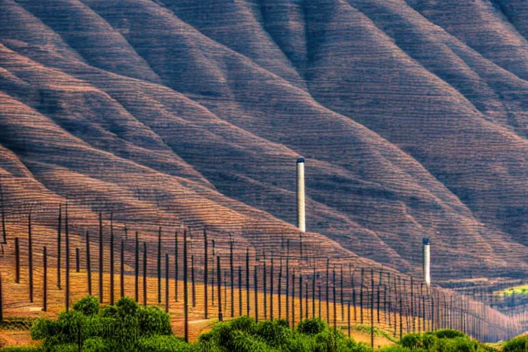 Image similar to looking down road of warehouses. hills background with radio tower on top. telephoto lens compression.