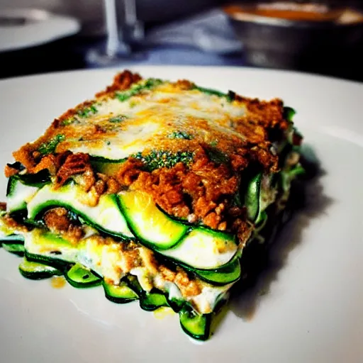 Prompt: “Zucchini lasagna with creme fraiche, ras el hanout, ground chicken, caraway seeds inside, Michelin starred restaurant, award winning photography