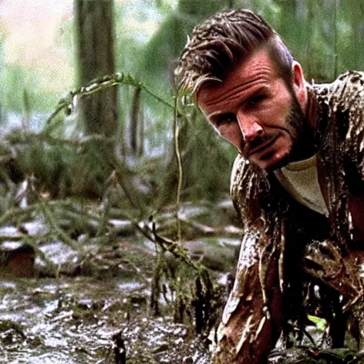 Image similar to cinematic still of david beckham wearing manchester united uniform, covered in mud and watching a predator in a swamp in 1 9 8 7 movie predator, hd, 4 k