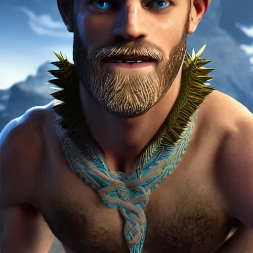 Image similar to attractive strong built irish english man with a chin beard and spiky blonde hair smiling at the camera, unreal engine, character design