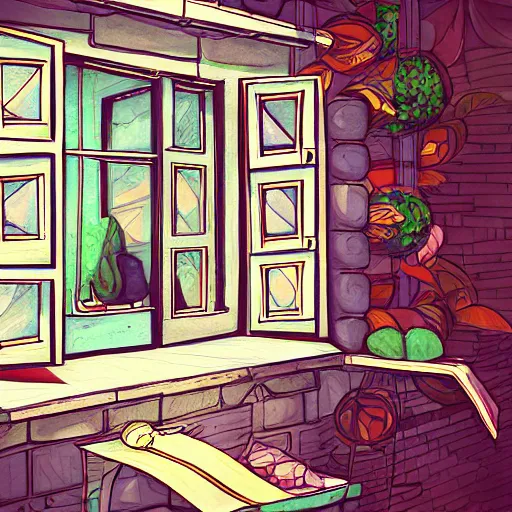 Image similar to a painting beautiful window open, digital illustration, colorful architectural drawing, watercolor painting, behance contest winner, vintage, native art, trend in behance hd, 2 d game art, detailed painting