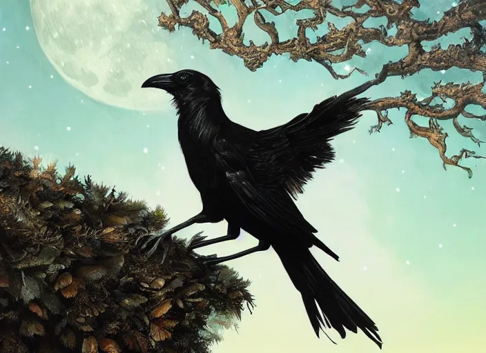 Image similar to a hyper-detailed fantasy wallpaper book cover, portrait of a crow on a tree in front of the full big moon; an extraordinary masterpiece!!!; flawless; proud posture; photorealistic eyes; trending on artstation; f/1.4; 90mm