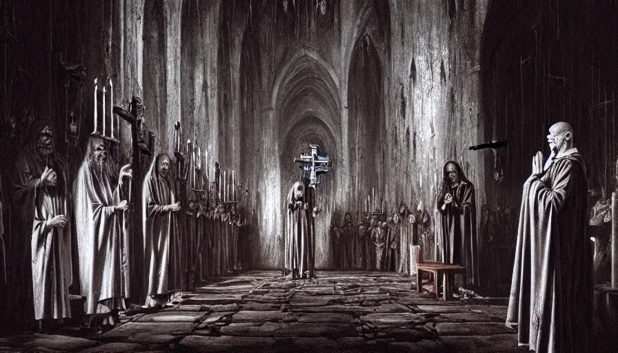 Image similar to dark rotting priest conducts rite of baptism, death church, blood, crosses, religion, death, fear, horror, ultra realistic, hyperrealism, fine details, detailed and intricate environment, by barlowe, by wayne, by gigger, 4 k