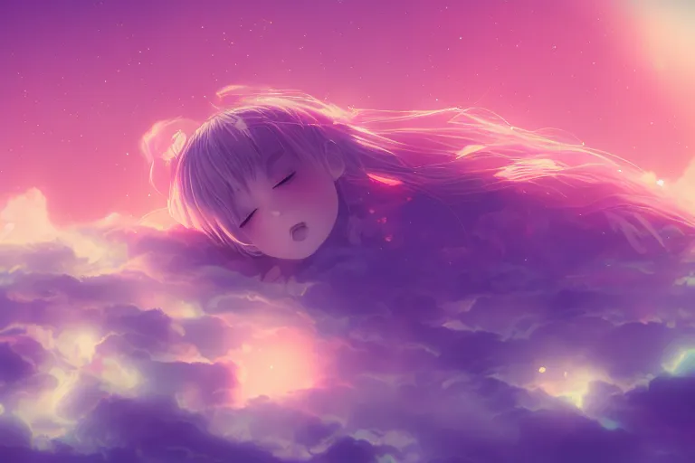 Image similar to a cute anime girl sleeping on a cloud, misty, glows, digital art, hazy, foggy, ambient lighting, 8 k, neon, synthwave,