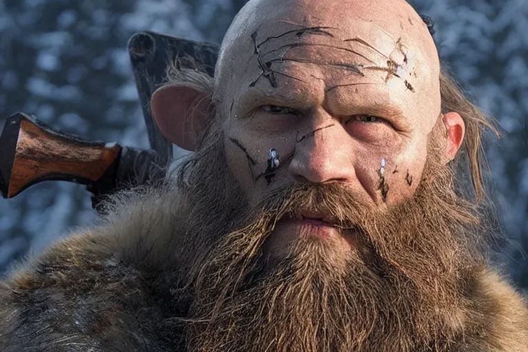 Prompt: vfx movie tough bald man in furs, natural grizzled skin, streaks of red face paint grey beard, dual wielding detailed viking war axes, in snowy tahoe by emmanuel lubezki