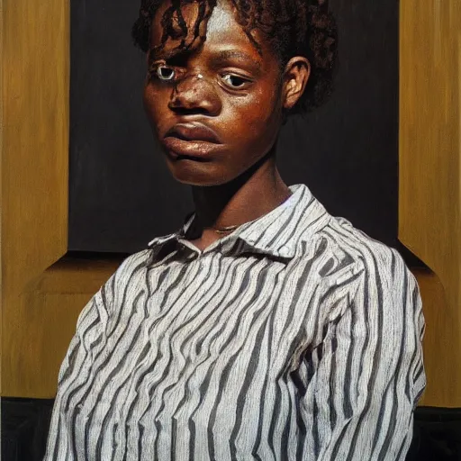 Image similar to high quality high detail painting by lucian freud, hd, portrait of a black girl, photorealistic lighting