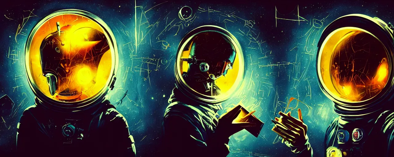 Image similar to dark scifi illustration 3 / 4 portrait of a astronaut reading necronomicon. cinematic lighting mad scientist style. golden ratio accidental renaissance. in the style of dave mckean and jean michel basquiat. graffiti art, scifi, fantasy, hyper detailed. octane render. concept art. trending on artstation