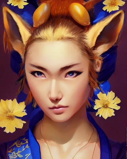 Image similar to Ssunbuki as a woman with fox ears and a royal blue kimono with gold flowers, Yakuza, portrait, visualartzi, korean, concept art by Karla Ortiz, James Paick, Charlie Bowater, Krenz Cushart, highly detailed, ultra detailed, ultra realistic, trending on artstation, cgstudio