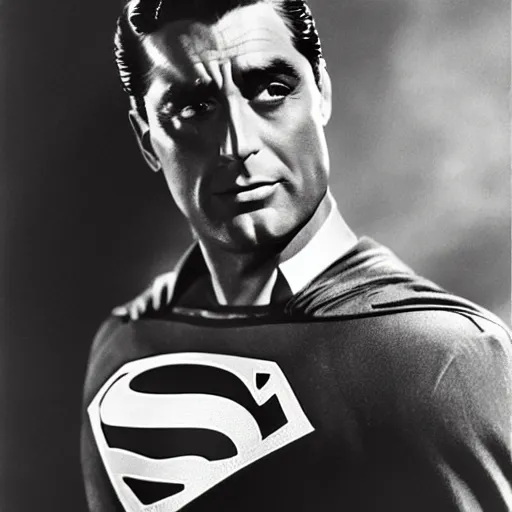 Prompt: The actor, Cary Grant as Superman, lazer beams come out of his eyes,