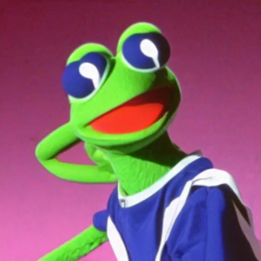 Image similar to Stills from the anime Neon Genesis Evangelion, Kermit the Frog from Sesame Street as an attacking angel