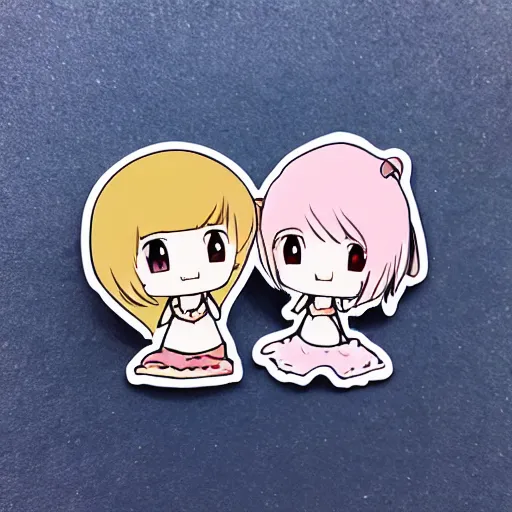 Prompt: die cut sticker of anime chibi kawaii cute two people on beach vacation